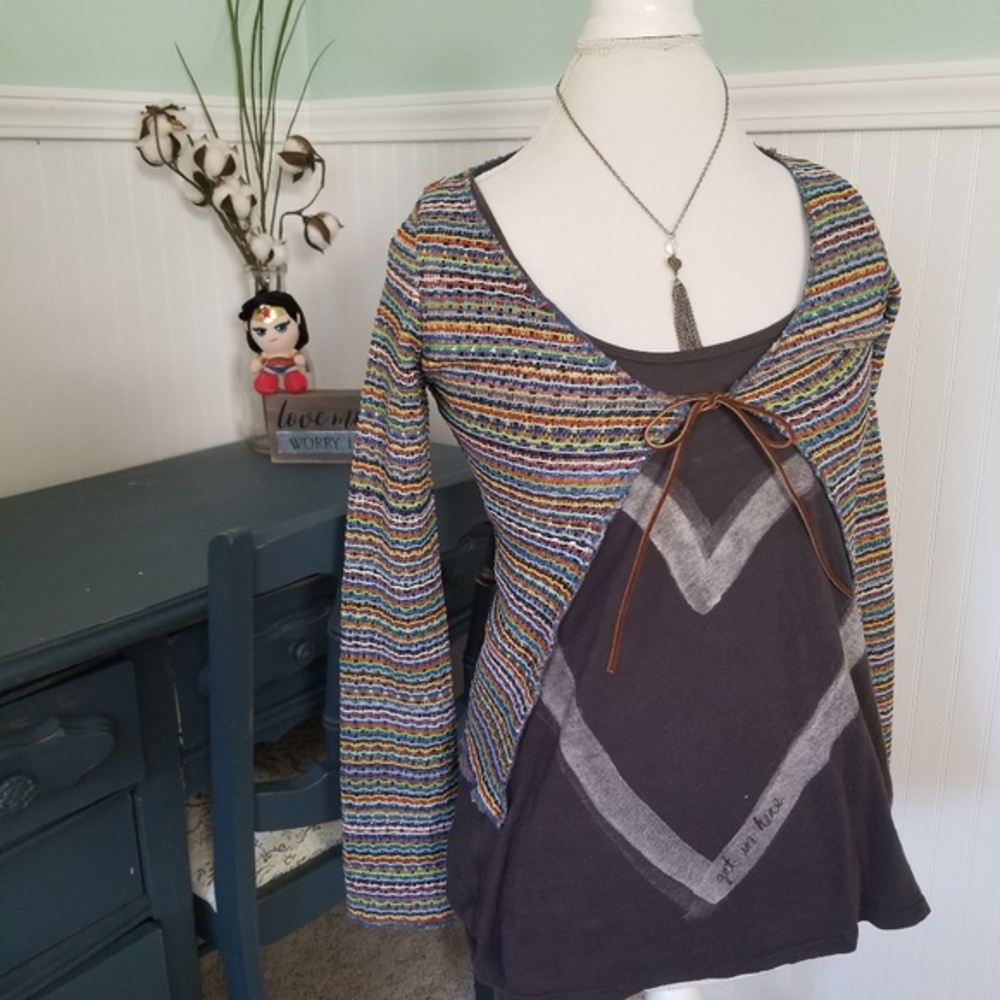 Boho Multi Color Striped Knit Tie Front Shrug Long Sleeve Cropped Cardigan XS